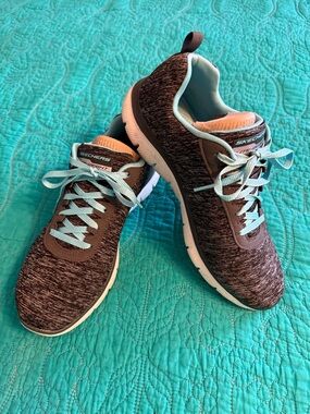 Skechers Grey Knit Sneakers with Light Blue Accents